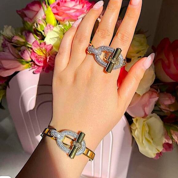 Gold Zircon Bangle Bracelet Two Finger Ring Set Luxury 18K Gold Plated - Picture 10 of 15